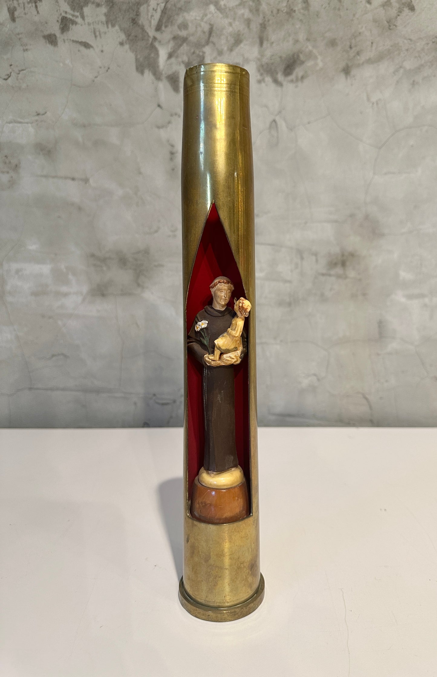 Antique Religious Figure of Saint Anthony in Brass Shell Case: Trench Art