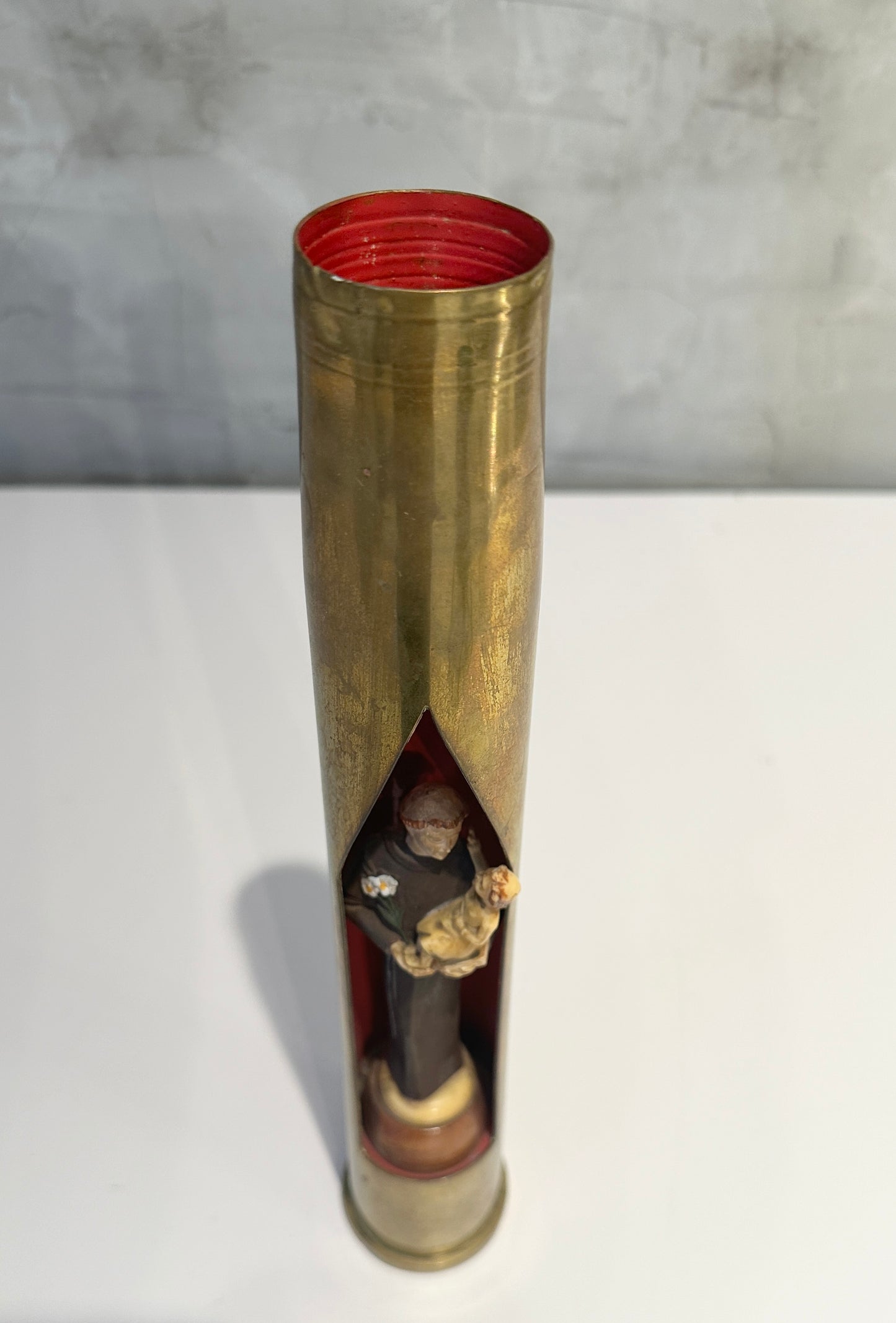 Antique Religious Figure of Saint Anthony in Brass Shell Case: Trench Art