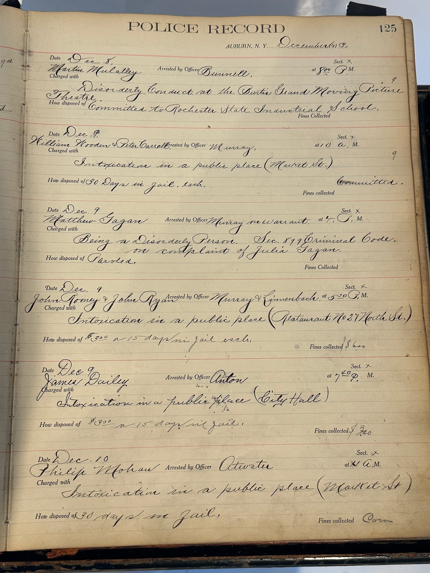 Auburn NY Police Records Book Circa 1913