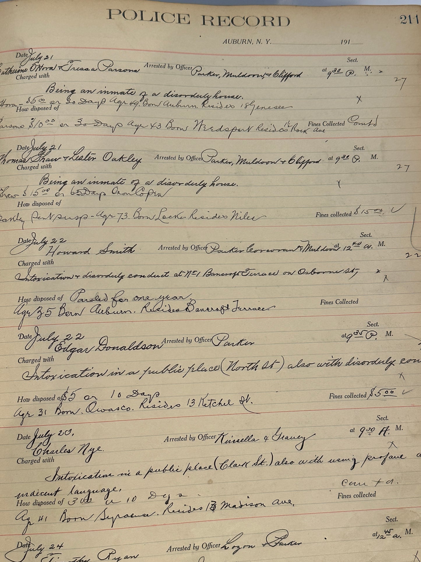 Auburn NY Police Records Book Circa 1913