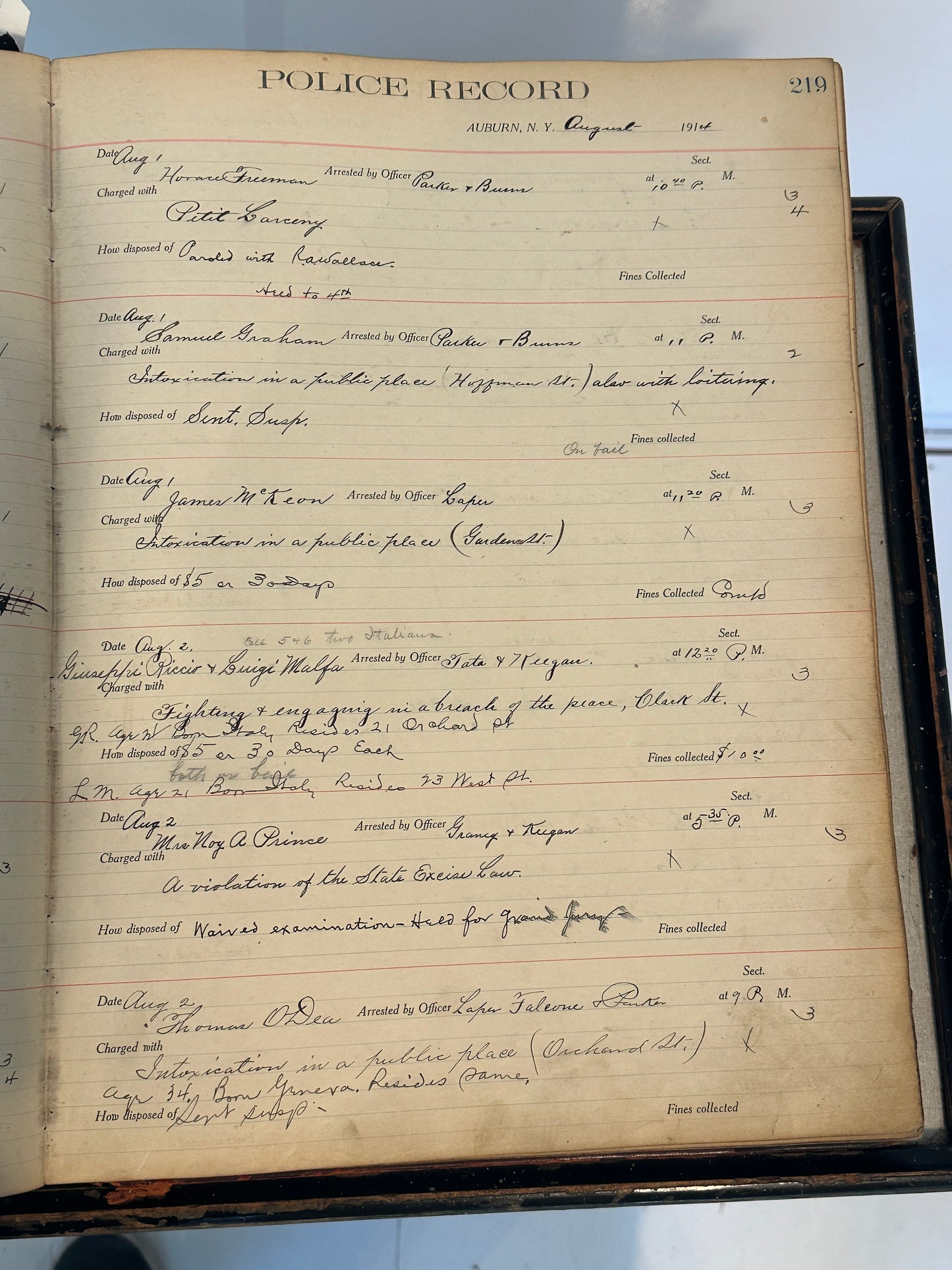 Auburn NY Police Records Book Circa 1913