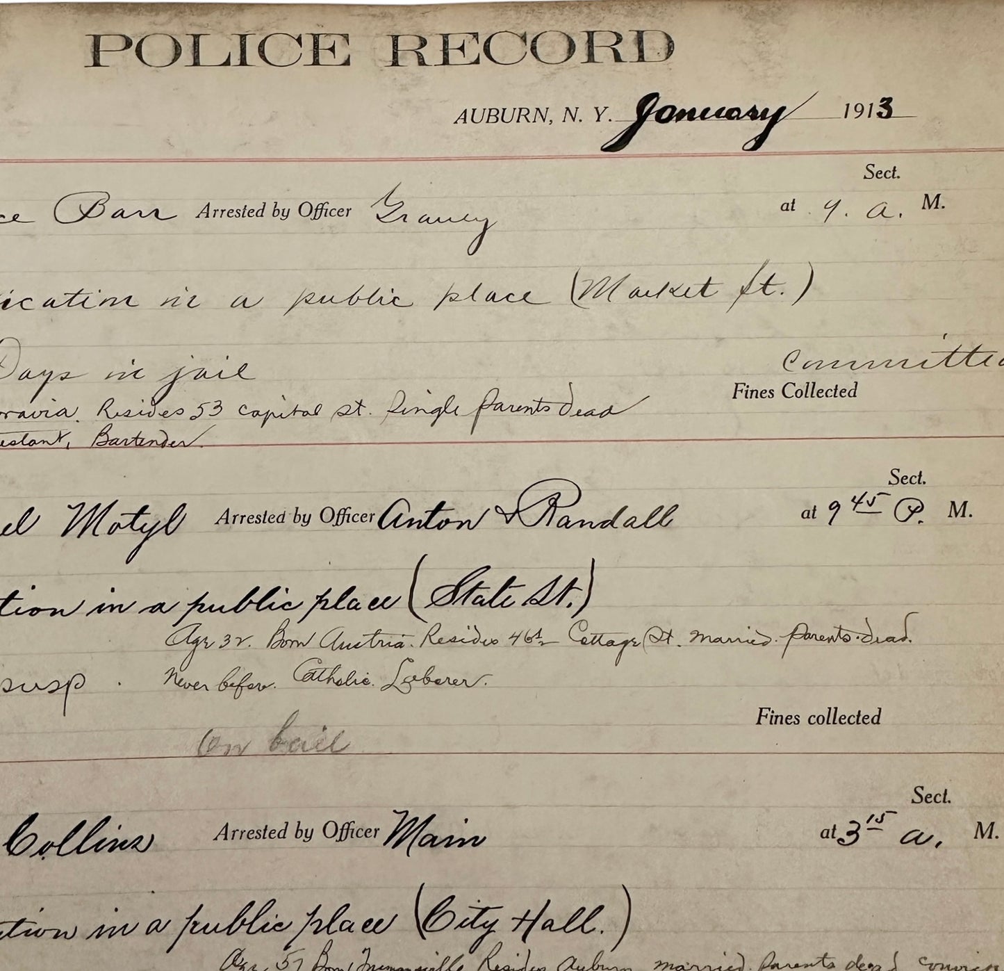 Auburn NY Police Records Book Circa 1913