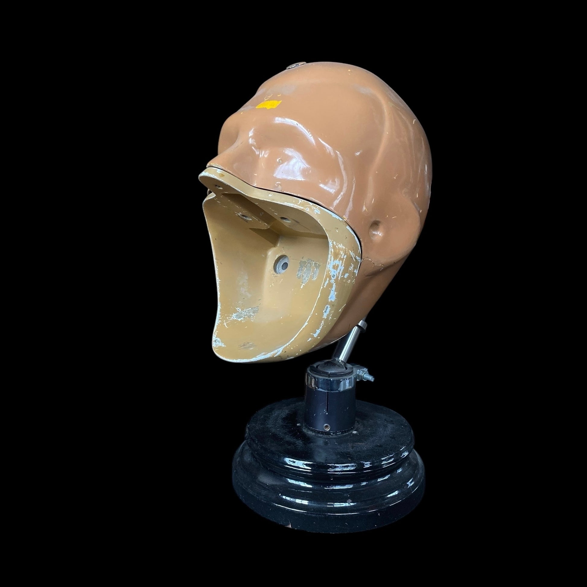 A dental phantom head model, predominantly beige in color, mounted on a black base.