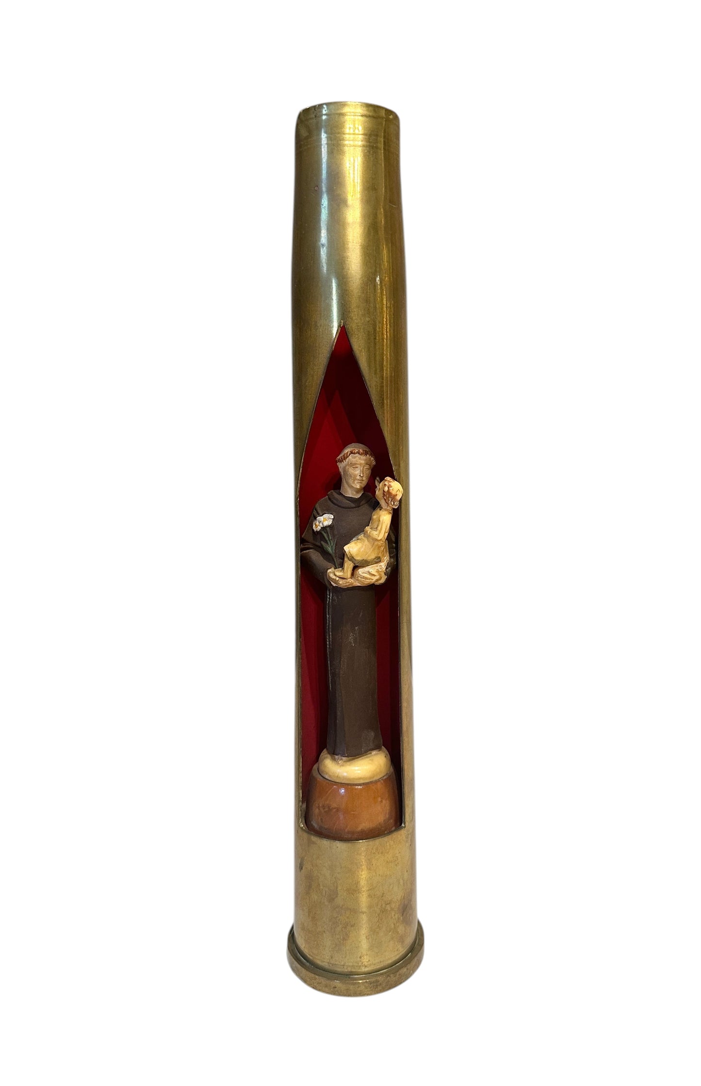 Antique Religious Figure of Saint Anthony in Brass Shell Case: Trench Art