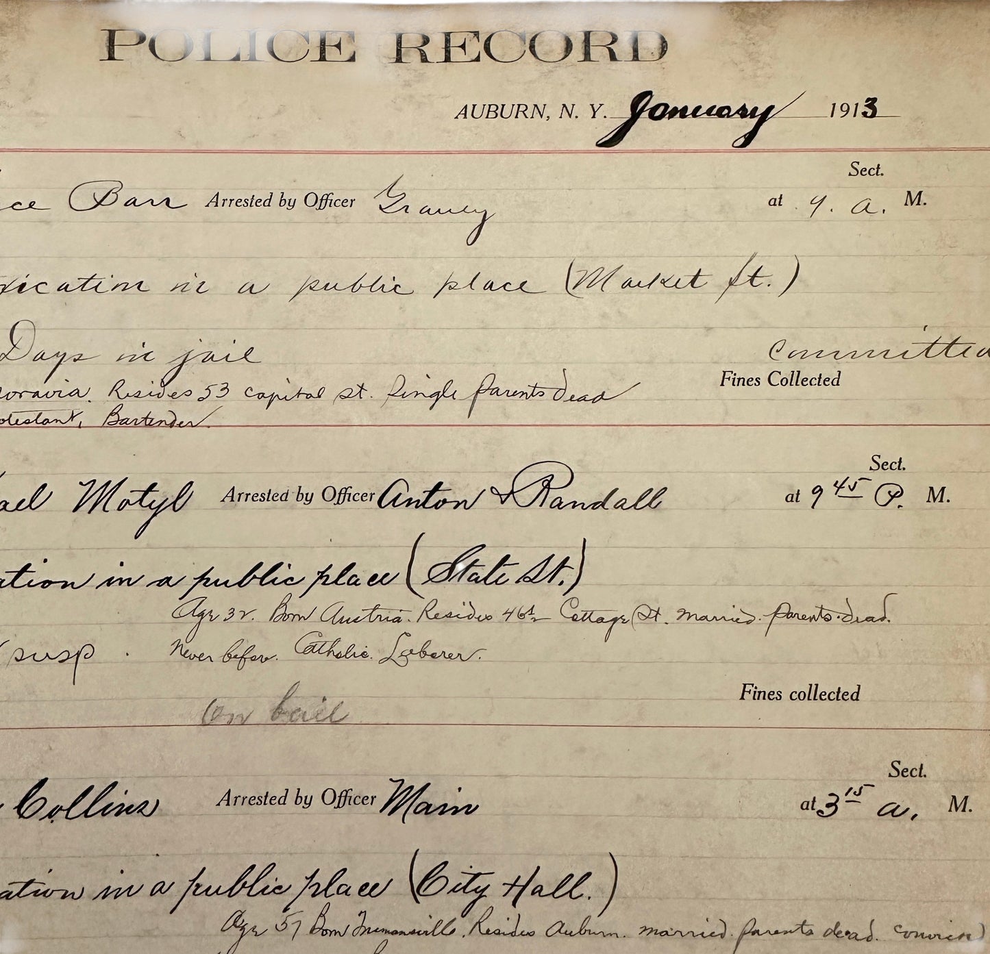 Auburn NY Police Records Book Circa 1913