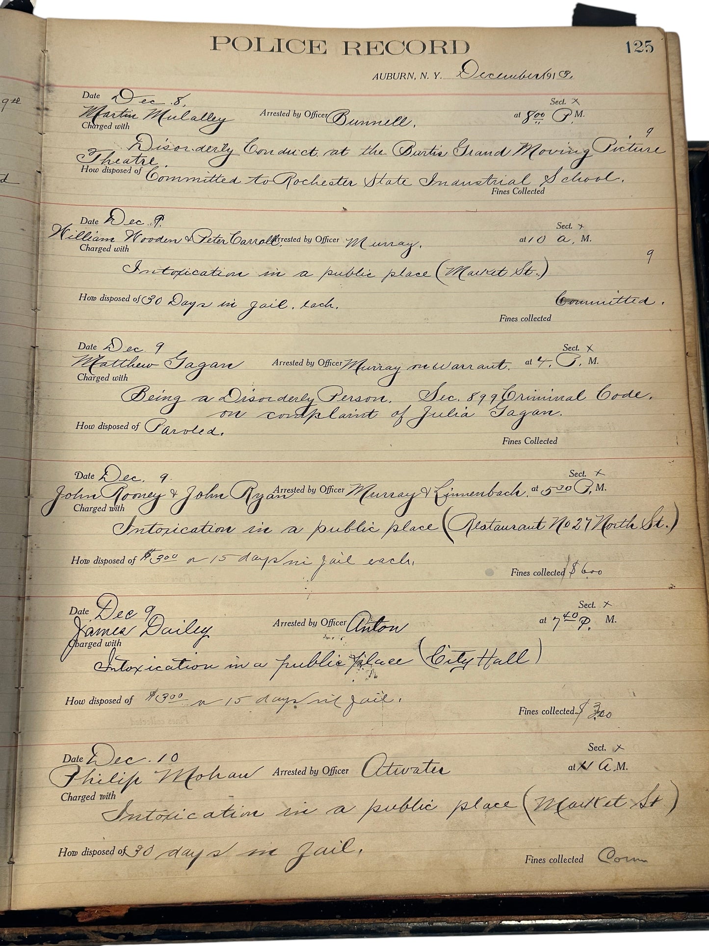 Auburn NY Police Records Book Circa 1913