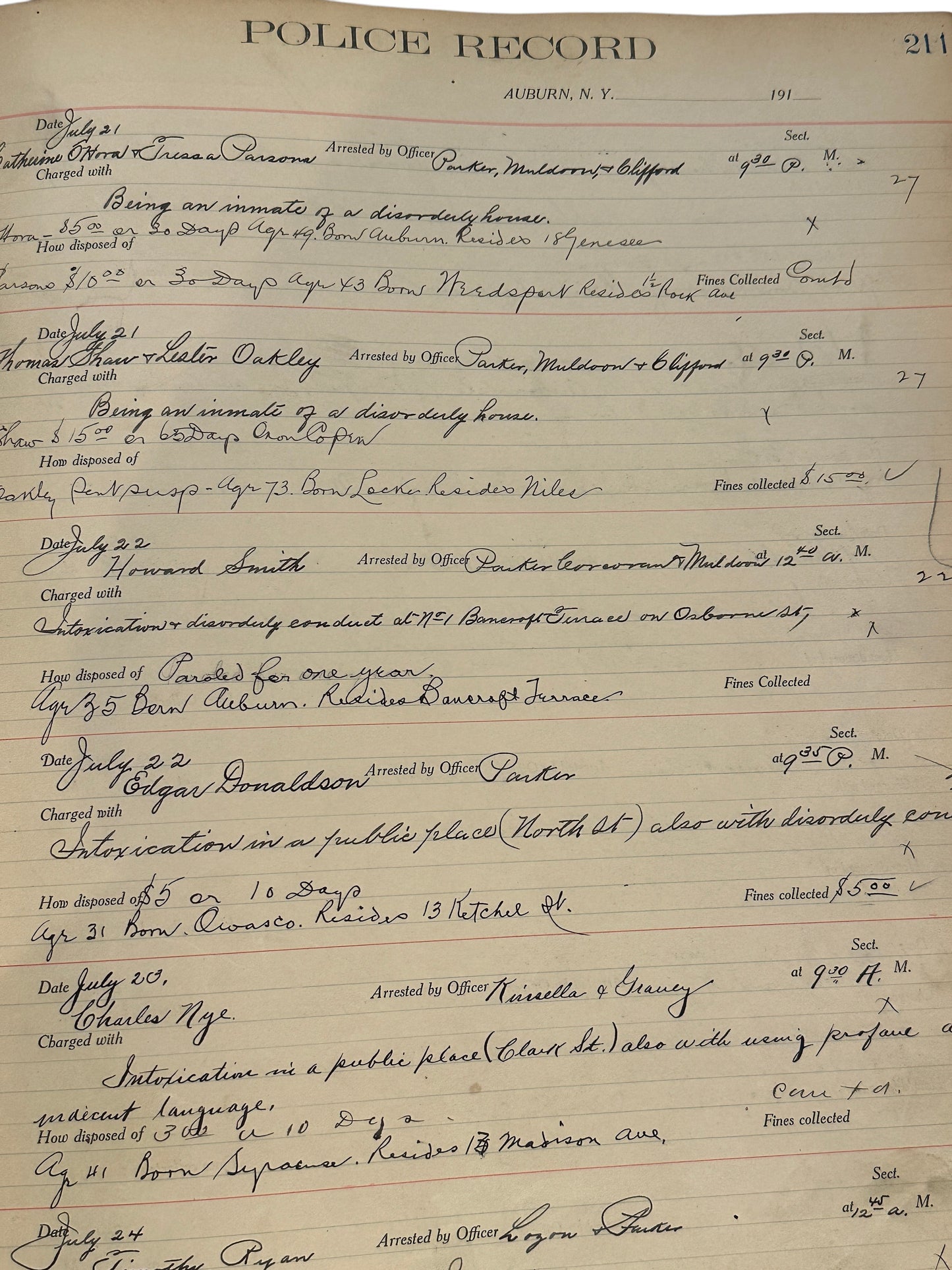 Auburn NY Police Records Book Circa 1913
