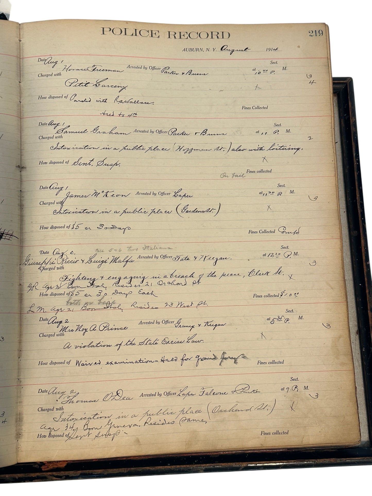 Auburn NY Police Records Book Circa 1913
