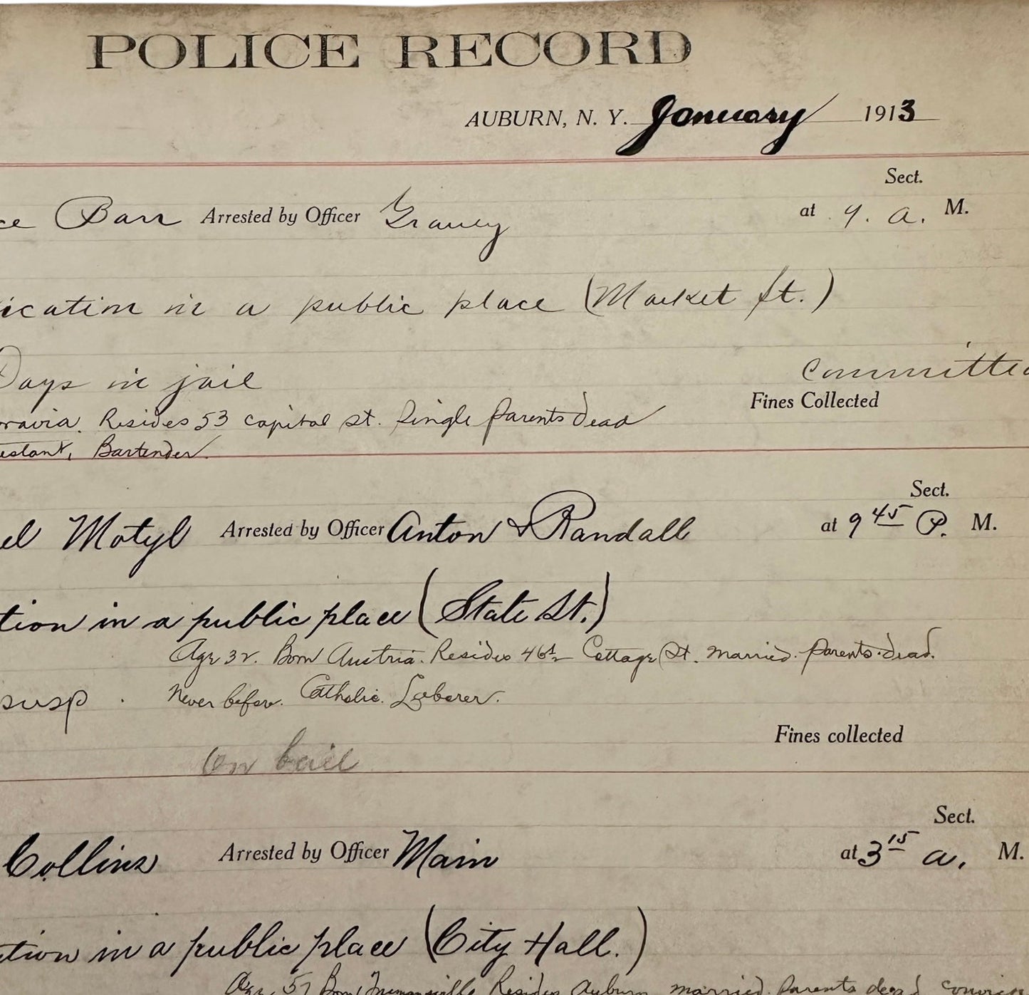 Auburn NY Police Records Book Circa 1913