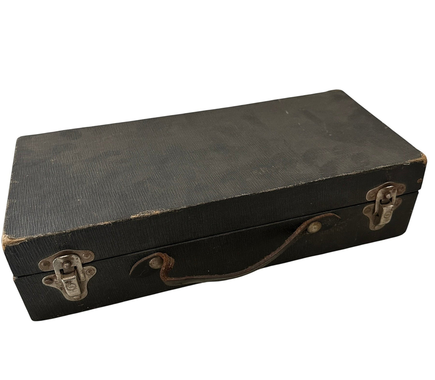 ARTERY LAB vintage 1940s black forensic police fingerprint kit case with metal latches and leather handle.