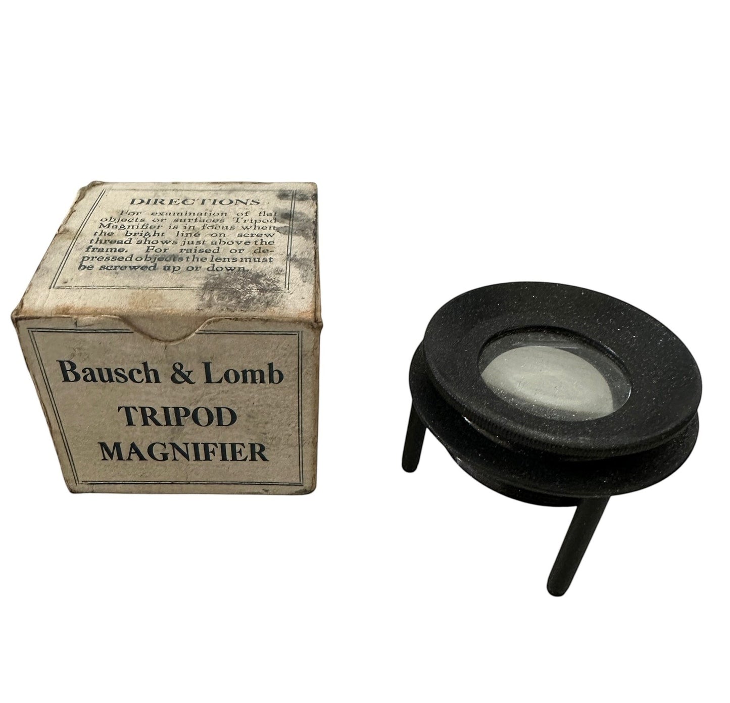 ARTERY LAB 1940s Bausch & Lomb tripod magnifier with original box, black metal frame, glass lens.