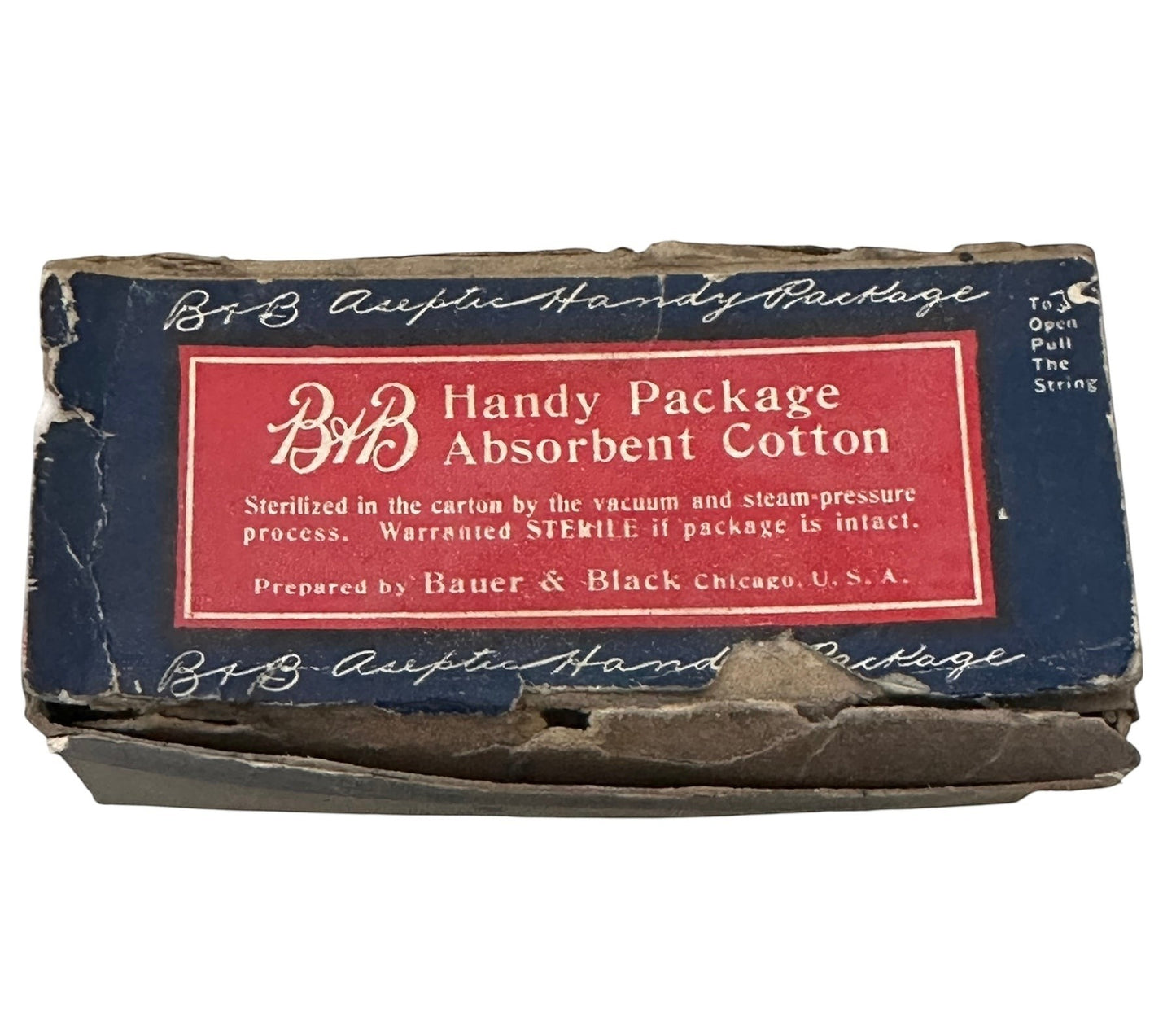 ARTERY LAB 1940s blue and red box of Bauer & Black Handy Package Absorbent Cotton, showing wear consistent with age.
