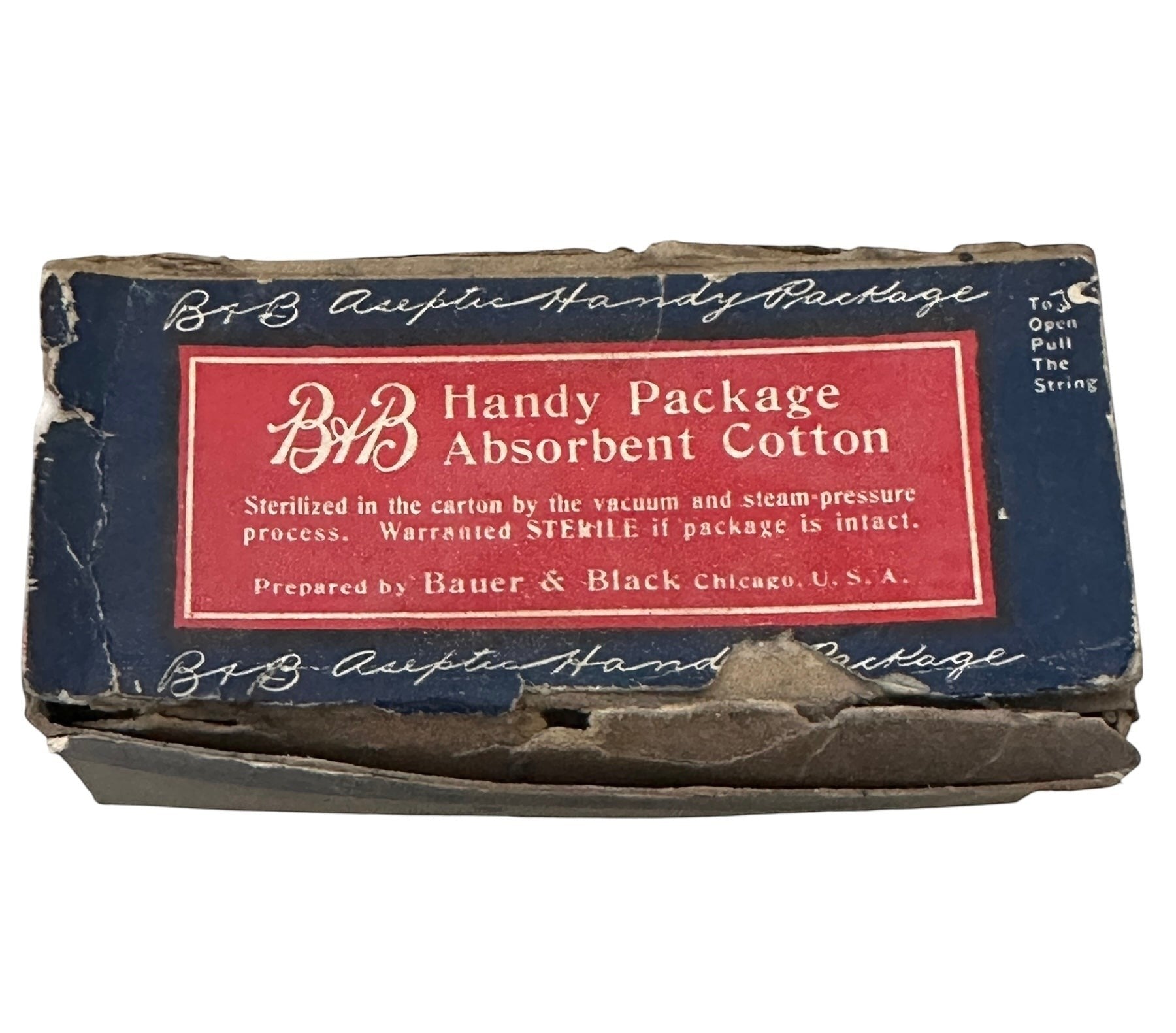 ARTERY LAB 1940s blue and red box of Bauer & Black Handy Package Absorbent Cotton, showing wear consistent with age.