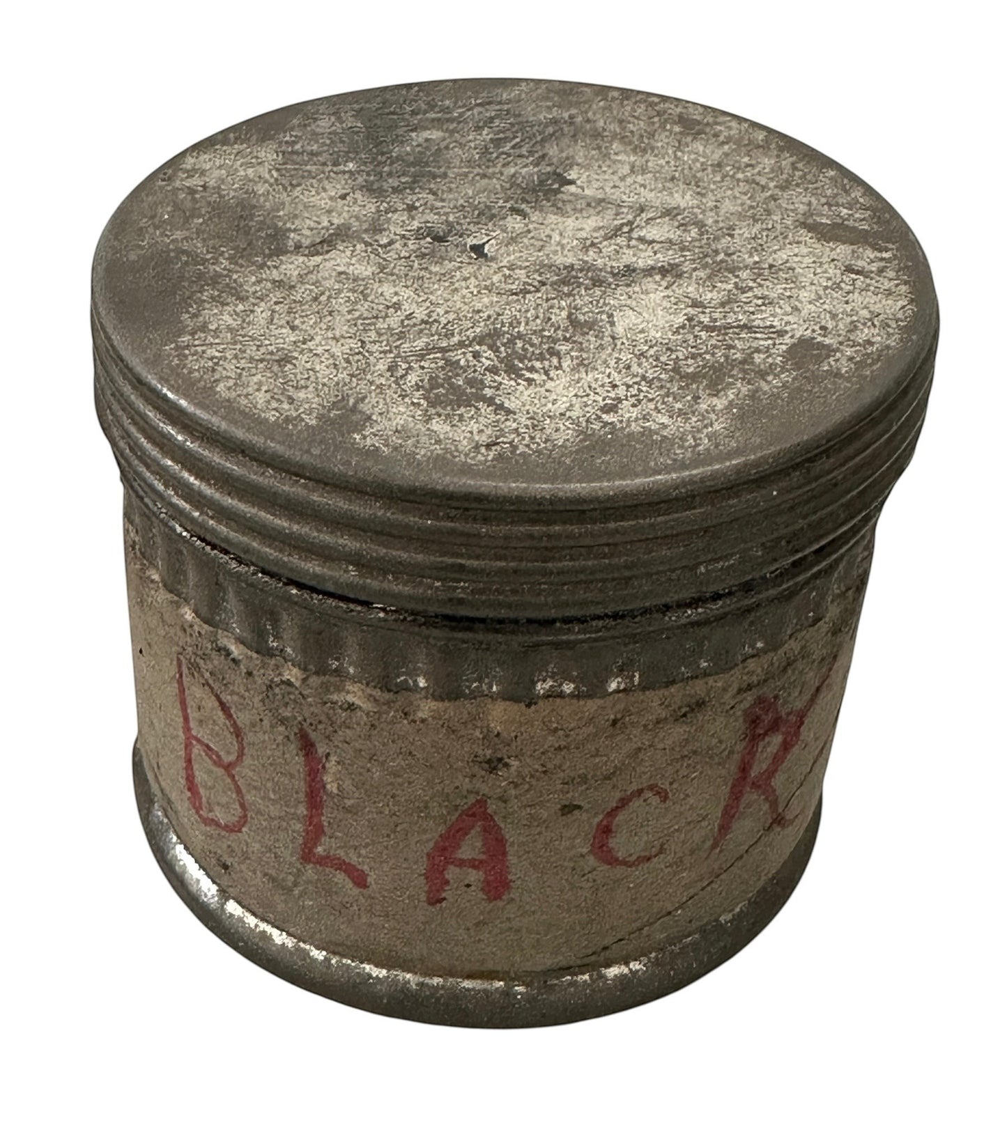 ARTERY LAB vintage 1940s black fingerprint powder tin with handwritten label and metal screw-top lid.