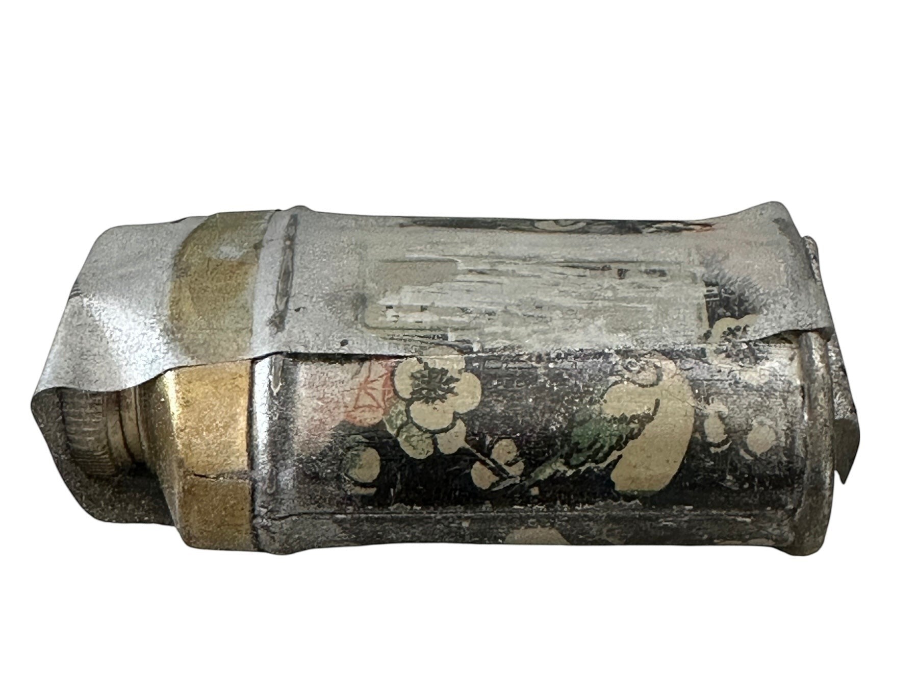 ARTERY LAB vintage 1940s forensic fingerprint kit with floral and bird motif, showing wear consistent with age.